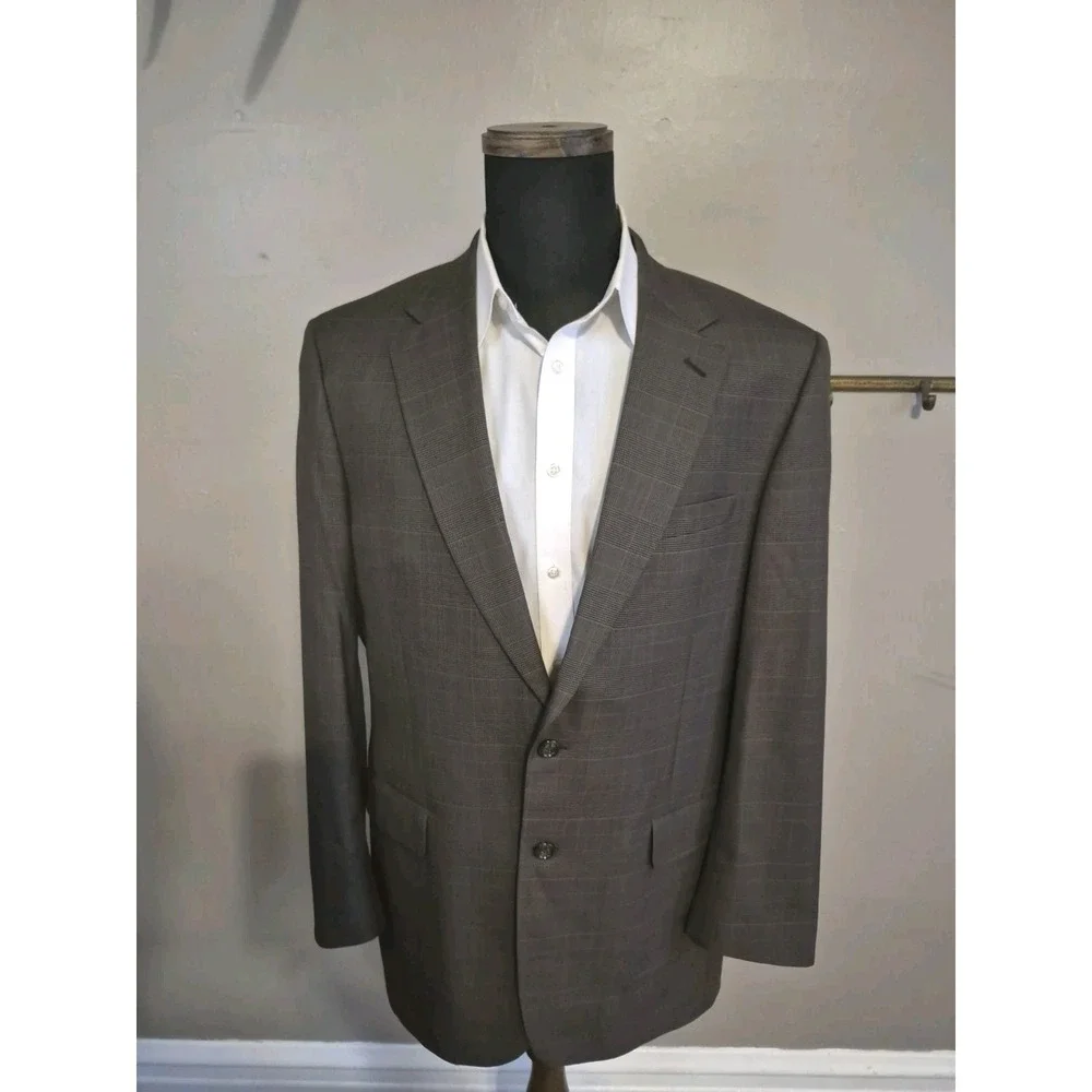 Jos A Bank Mens Wool Sports Coat 42L Taupe Plaid 2 Button Blazer P801